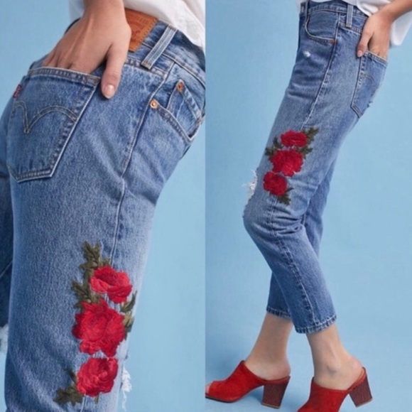 Levi's Denim - Levi's 501 T Rose Embroidered Distressed Cropped Taper Denim jeans
